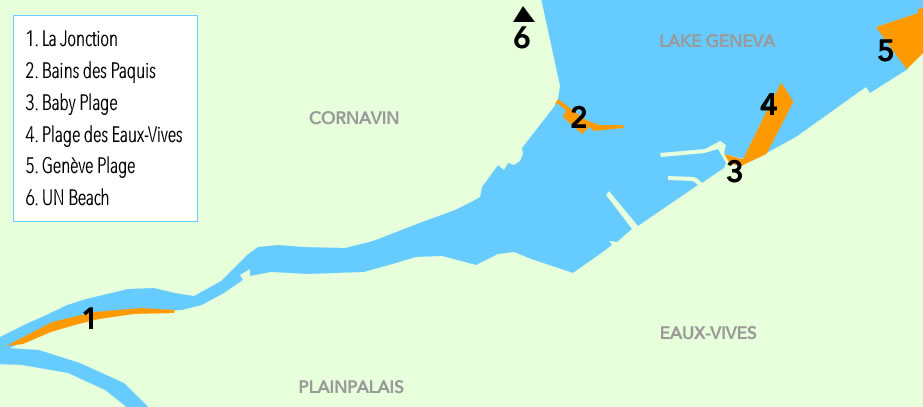 Map showing the locations of each Geneva beach